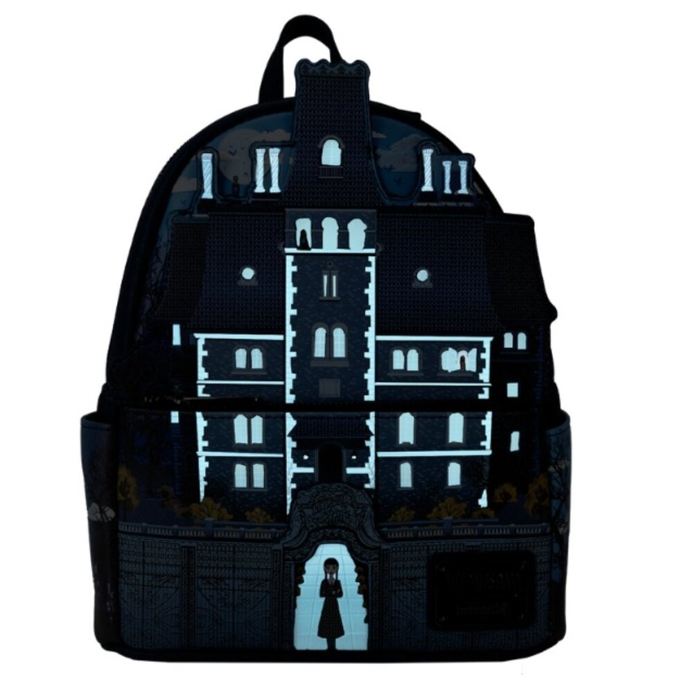 Loungefly Addams Family Wednesday Nevermore Academy Castle Glow Mini Backpack - Picture 3 of 13